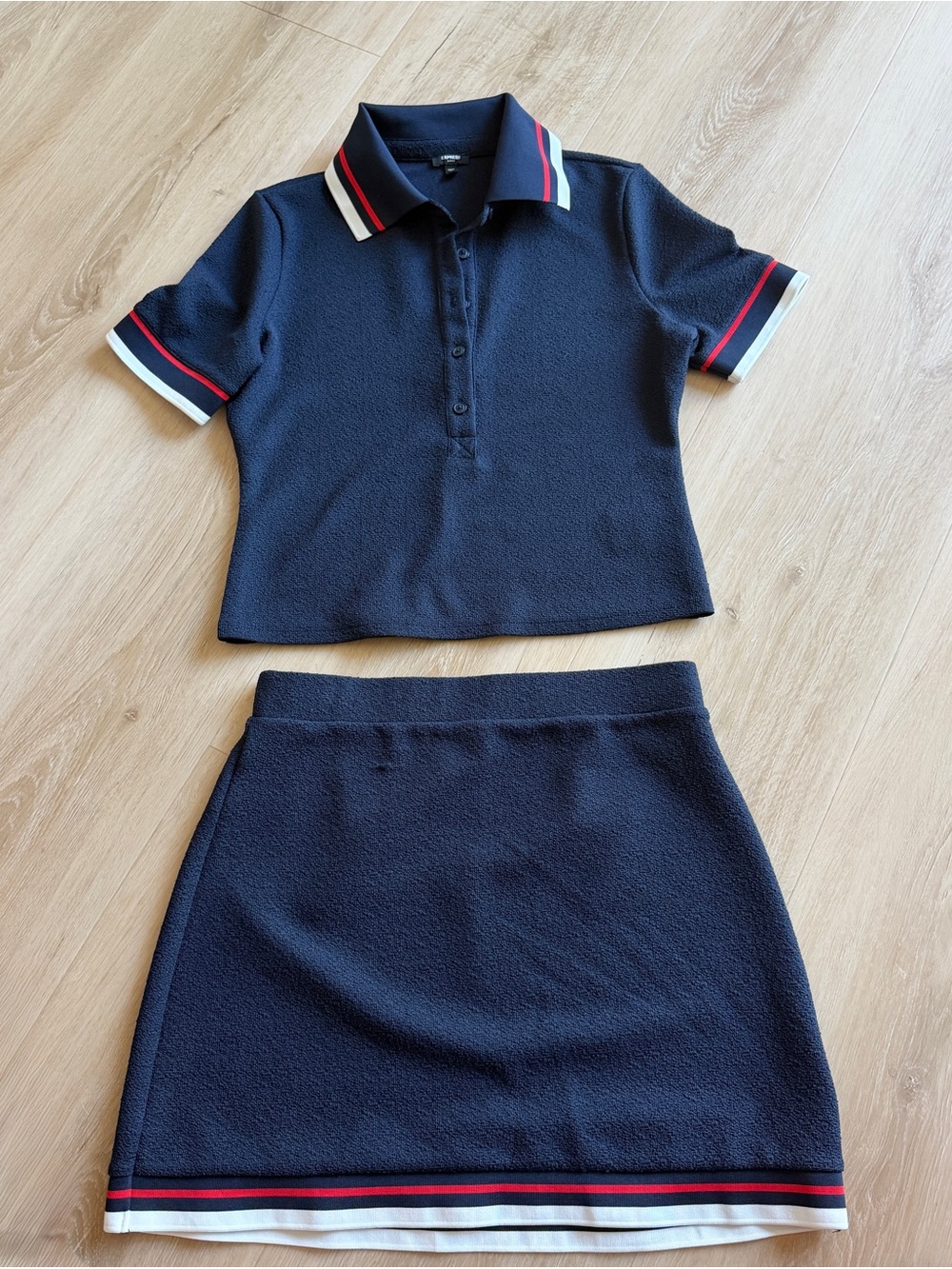 Express Navy Two-Piece Ribbed Knit Skirt Set with Red & White Trim